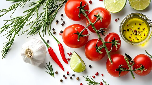 Tomatos chives garlic red chili lime and olive