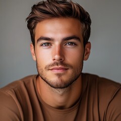 Obraz premium A close-up portrait of a young man with a confident expression, featuring tousled hair and a casual brown shirt against a neutral background.