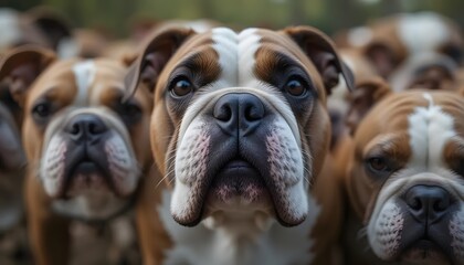 Obraz premium Bulldogs Group Looking at Camera Close-up Breed Loyalty and Family