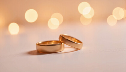 Golden wedding rings shining together on soft background, symbol of love