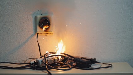 Electrical safety hazard in office, close up shot of overloaded outlet sparks fire with tangled cords