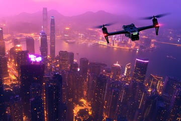 Drone flies over Hong Kong city at dusk, surveying a vibrant cityscape, possibly for surveillance