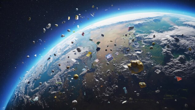 Dynamic space scene with earth and orbiting debris showcasing celestial movement and atmospheric contrast