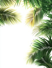 Lush Green Tropical Palm Leaves Framing a Bright White Space Ideal for Nature Themes, Designs, Backgrounds, and Eco-Friendly Aesthetics in Stock Photography
