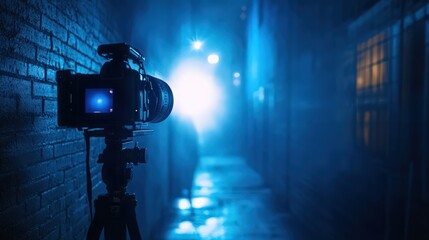 Camera Setup in Misty Alleyway Creating Atmospheric Cinematic Effect