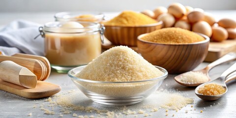 Fototapeta premium A large pile of fine granulated sugar on a white surface with a small bowl in the background, surrounded by baking utensils and ingredients, sweet treats, baking materials