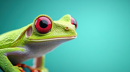 A close up of a vibrant green tree frog with red eyes
