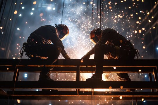 Two welders working together on a large steel frame, sparks flying, protective gear on