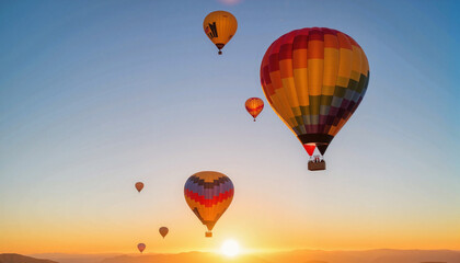 Obraz premium Colorful hot air balloons rising at sunset, vibrant adventure