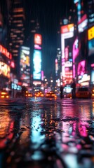 Obraz premium A vibrant cityscape at night, reflecting colorful lights and rain on the streets.