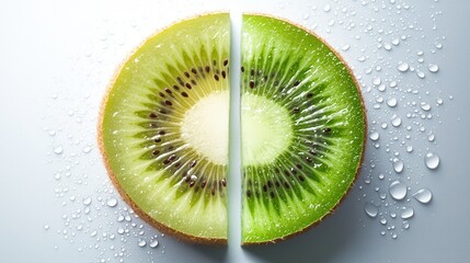 A kiwi fruit is cut in half and the green part is shown