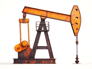 A rusted oil pump jack, symbolizing the oil industry and energy production, stands prominently against a plain background.