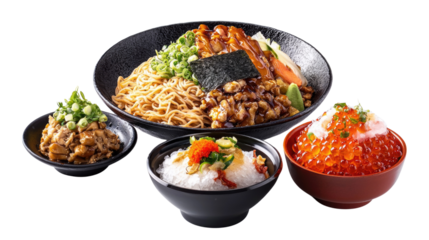 Delicious Japanese Cuisine with Noodles, Rice Dishes, and Colorful Toppings on a Black Plate