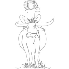 Child Riding a Buffalo – Minimalist Line Art Illustration