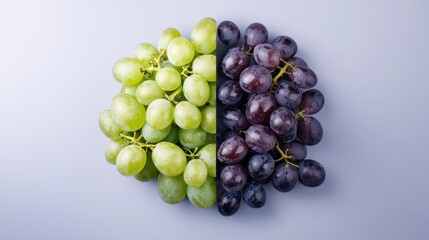 Two bunches of grapes, one green and one purple, are displayed on a gray surface