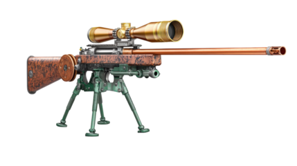 Precision hunting rifle with scope and detailed craftsmanship on isolated background