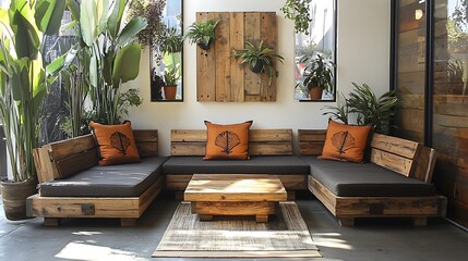 Fototapeta premium Reclaimed Wood Sectional Sofa with Tropical Plants in Modern Interior Design.