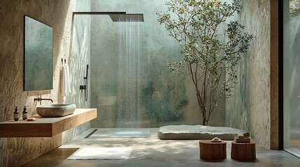 Luxurious Modern Bathroom Design with Indoor Tree and Rainfall Shower. A serene and stylish bathroom interior featuring natural elements and minimalist design.