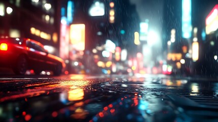 A rainy urban street scene at night with vibrant neon lights reflecting on wet pavement.