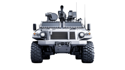 Armored military vehicle front view with turret and advanced targeting system