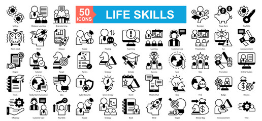 Life Skills Icon Sheet Setting, Finding, Tactics, Idea, Distance Learning, Brainstorming, Decision, Piggy Bank, Key Skills, Alarm Clock, Mind, Release
