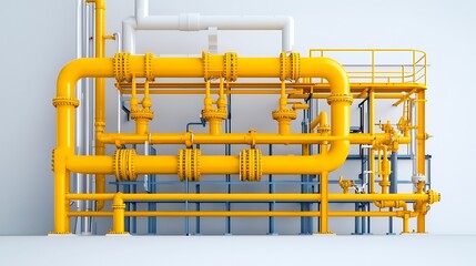 A vibrant arrangement of industrial pipes showcases a network of yellow and blue components against a minimalist background.