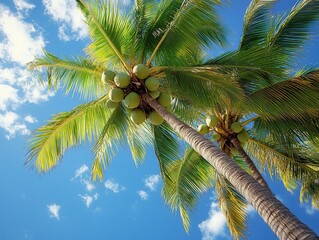 Fototapeta premium Lush Tropical Palm Trees Under Clear Blue Sky with Lush Green Leaves and Bright Coconuts Bathed in Warm Sunlight for Vacation Paradise Vibes