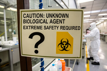 A warning sign indicating the presence of an unknown biological agent, emphasizing extreme safety precautions in a laboratory setting.