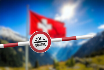 Swiss flag, border with Switzerland and barrier with customs sign	