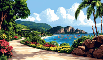 Scenic Tropical Coastal Vector Illustration Featuring Beach, Boats, Palm Trees, and Pathway Amidst Vibrant Flowers and Lush Green Hills with Mountains and Clear Sky