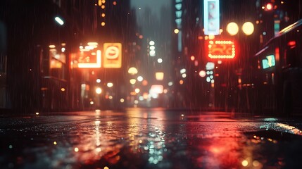 Obraz premium A rainy urban street scene illuminated by colorful neon lights at night.