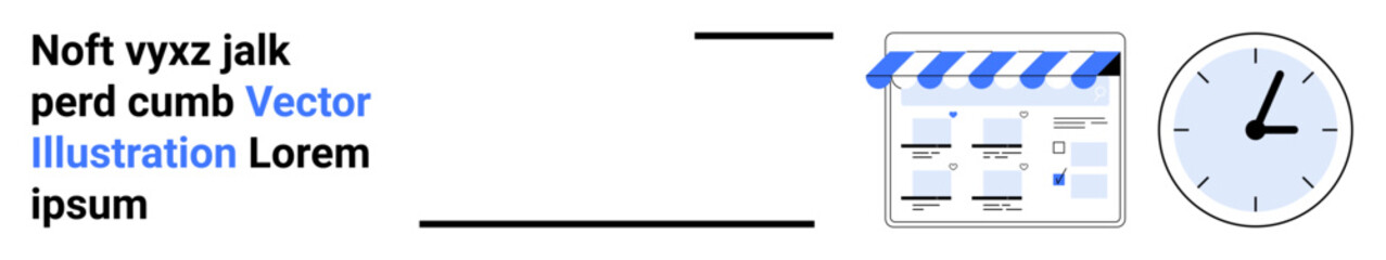 Text block referencing a vector illustration, storefront icon with awning and web elements, adjacent clock showing time. Ideal for business branding, e-commerce, online stores, marketing strategies