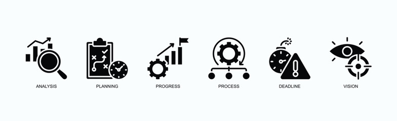 Strategic Workflow Icon Set Icon Set Isolated Vector Illustration Concept With Icon Of Analysis, Planning, Progress, Process, Deadline, Vision In Glyph Style