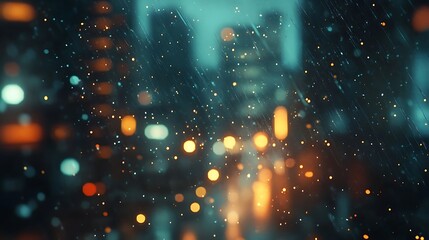 Obraz premium A blurred cityscape with raindrops and glowing lights, creating a moody atmosphere.