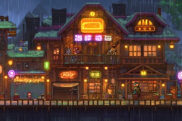 Obraz premium Pixelated tavern, rainy night, characters on balconies, background village, concept art for gaming