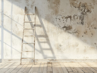 wooden ladder positioned against weathered wall, casting shadows