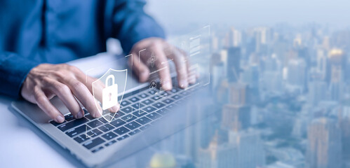 laptop shows the icon lock shield for cybersecurity. concept of secure privacy data, protect...