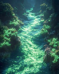 Naklejka premium A glowing river flows between steep rocky canyon walls and vegetation