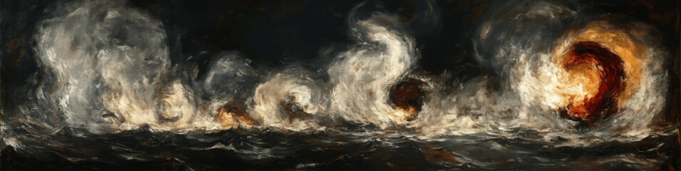 Dynamic Vector Art of Dramatic Ocean Storm with Swirling Waves and Fiery Vortex Accents, Capturing Nautical Chaos and Nature's Raw Elemental Forces