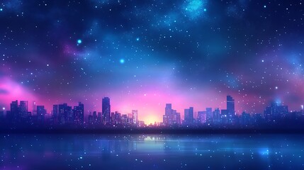 Fototapeta premium A vibrant city skyline at dusk, illuminated by a starry sky and colorful reflections on water.