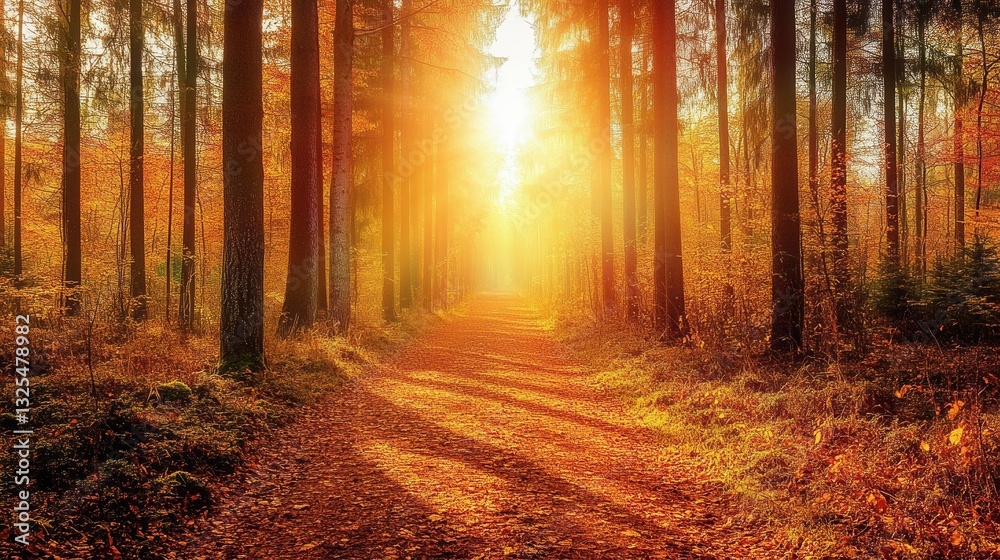 Aufkleber winding path through a sunlit forest inviting exploration and serenity