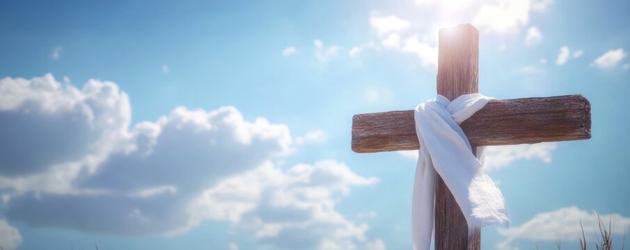 A wooden cross with white cloth against blue sky and clouds - Powered by Adobe