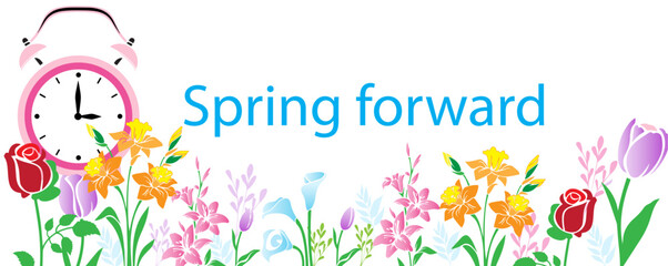 Spring forward banner with abstract flowers. Daylight saving time concept