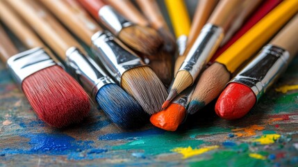 Colorful Artist Paint Supplies with Brushes on Vibrant Palette