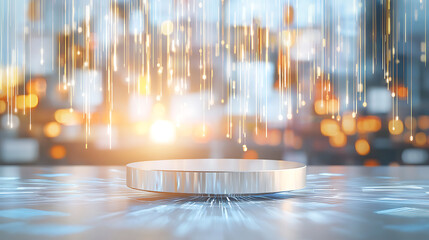 Fototapeta premium Dynamic light effects on a modern display platform urban setting digital artwork futuristic environment close-up view