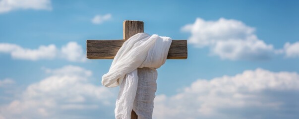 Wooden cross with a white cloth against a cloudy blue sky