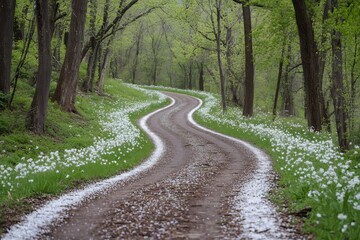 Obraz premium Winding dirt road through green forest with white flowers