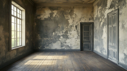 An Empty Room Interior With Old Walls And Window Light Casting Shadows On Wooden Floors And Doorway