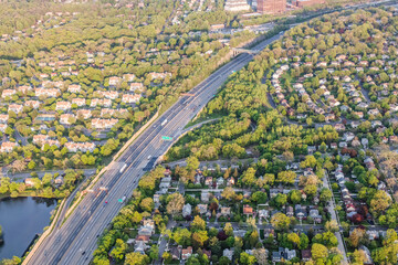 Aerial of highway and suburb near Englewood, New Jersey, USA