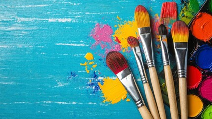 Vibrant Art Supplies with Paints and Brushes on Blue Background